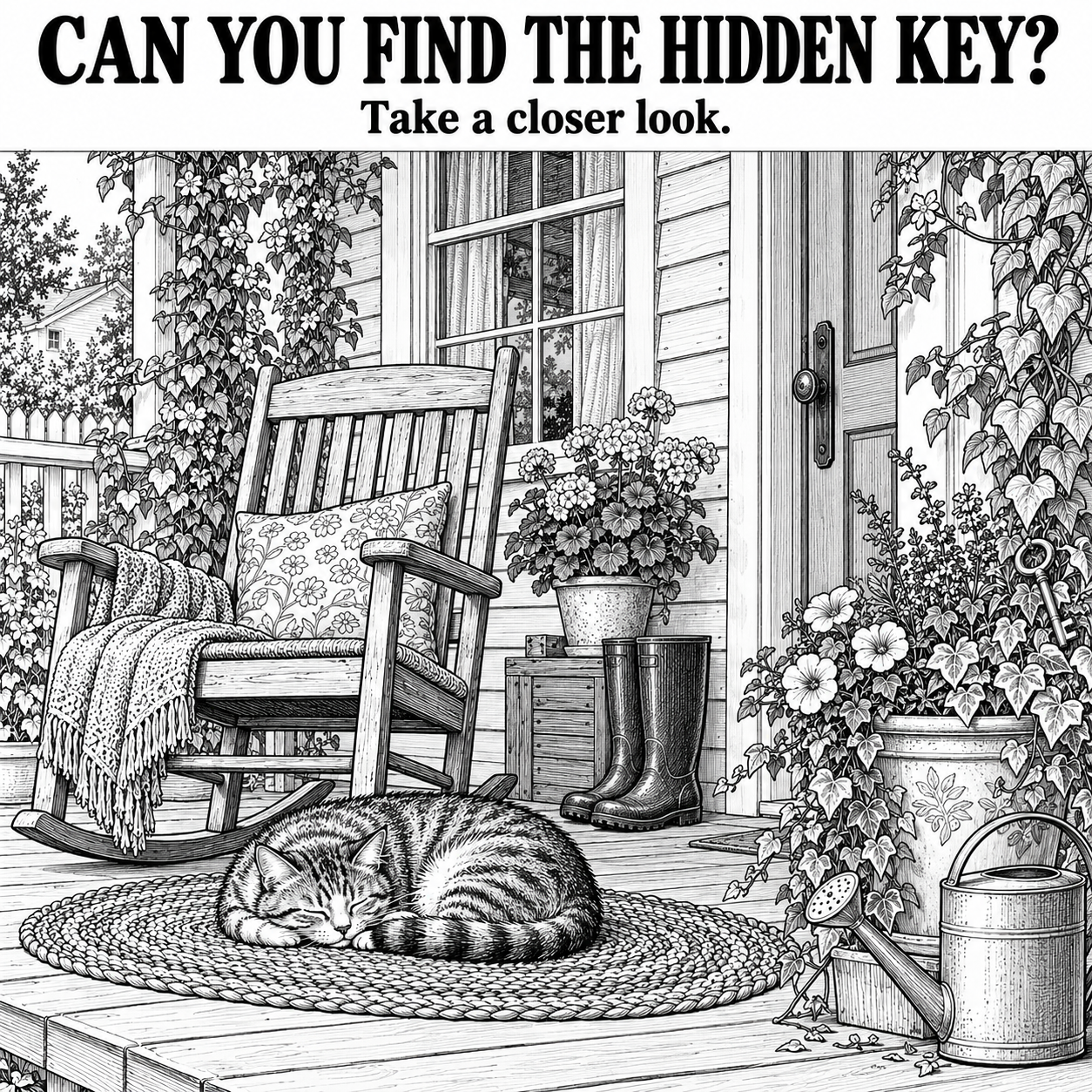 Detailed porch drawing with a rocking chair and cat